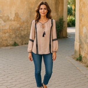 Twelfth Street by‎ Cynthia Vincent Silk Pink & Black Billowy Long Sleeves Tunic